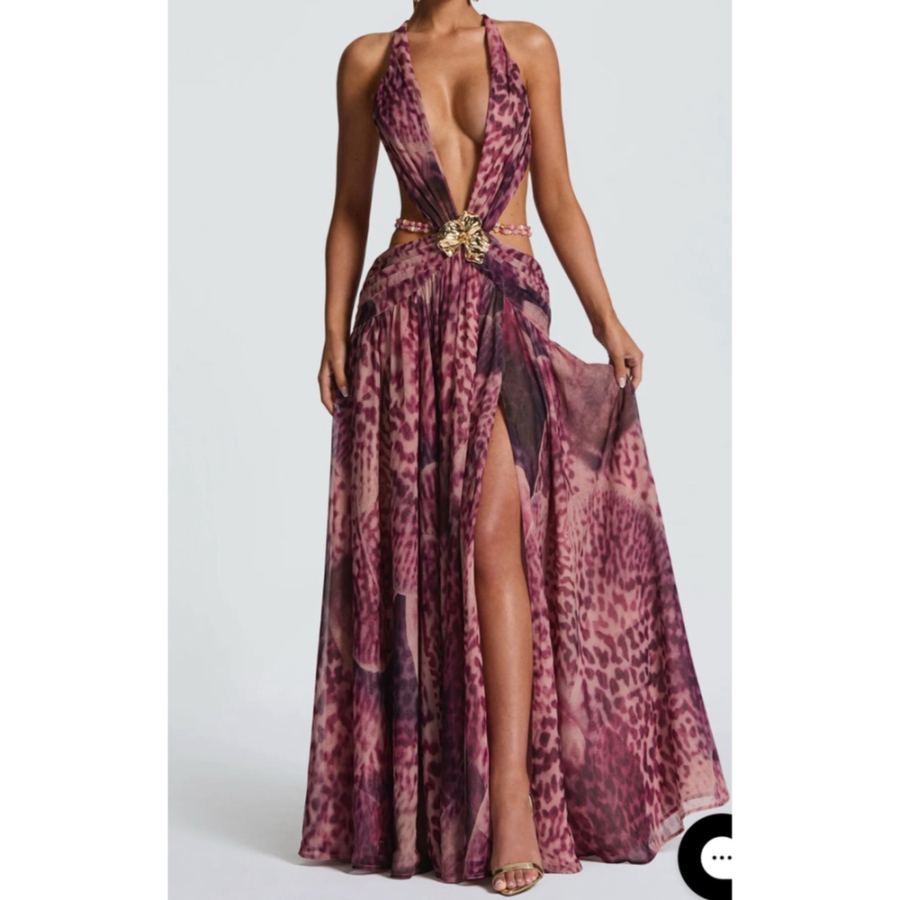 Plunging Halter Maxi Dress in Dusty Rose Animal Print